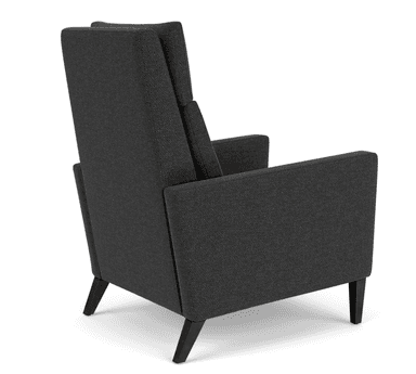 A contemporary high-back lounge chair upholstered in a dark gray, textured fabric. The chair features a tall backrest with a separate lumbar cushion, boxy padded armrests, and a removable seat cushion. It is supported by four dark, tapered wooden legs. — 3D model