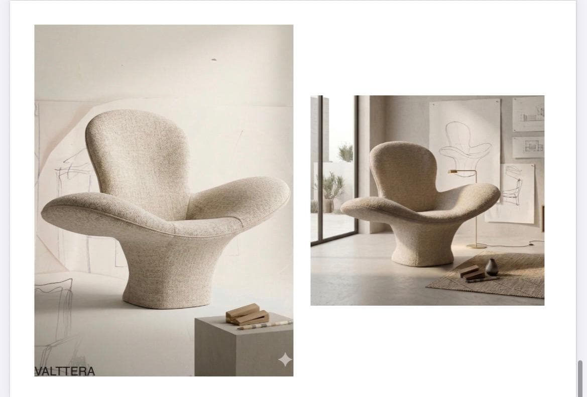 A contemporary armchair with an organic, sculptural form. It features a unified, molded shape that integrates the seat, backrest, and base. The overall design is soft and inviting, with a high backrest that curves gently to form armrests. — 3D model