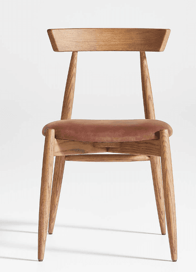 A modern dining chair constructed from light-toned oak wood with a brown leather upholstered seat. The chair features a minimalist design with tapered legs, a subtly curved backrest, and a sturdy wooden frame. — 3D model