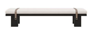 A contemporary upholstered bench featuring a dark, solid rectangular base and a light-colored, plush cushion. A contrasting strap, possibly leather or faux leather, secures the cushion to the base, adding a functional and decorative element to its minimalist design. — 3D model