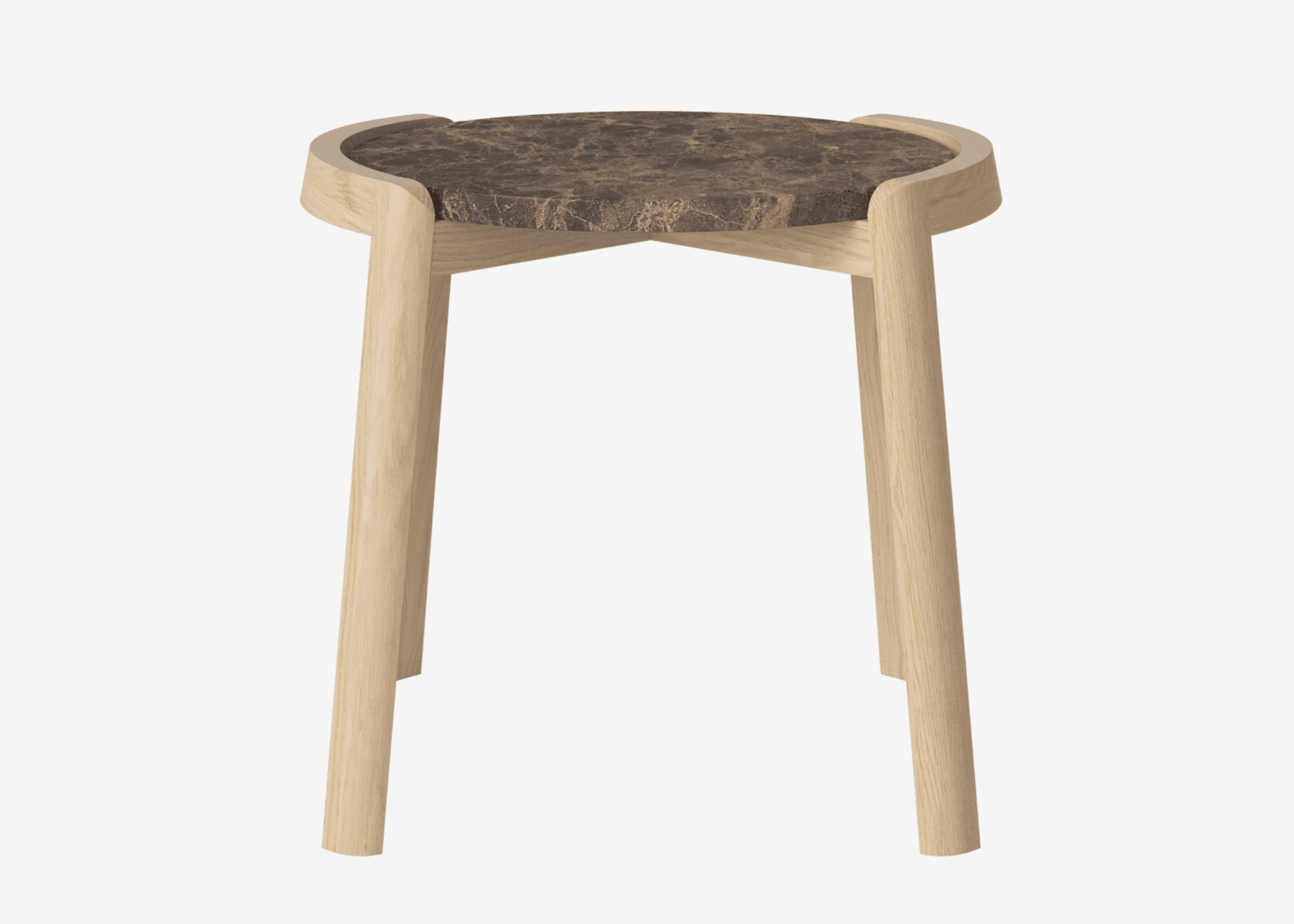 A small, circular-topped table featuring a dark brown marble surface supported by three light-toned wooden legs with a modern, minimalist design. — 3D model