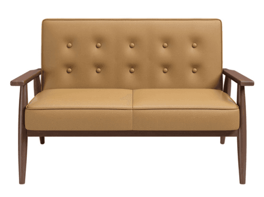 A mid-century modern style loveseat featuring a visible dark wood frame and tan, button-tufted upholstery. It has two distinct seat cushions and sloped, tapered wooden legs, with integrated wooden armrests. — 3D model