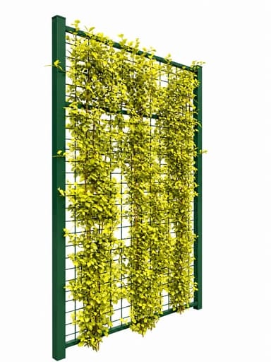 A tall, rectangular panel featuring a dark green metal frame and a grid trellis, completely covered with bright green and yellow artificial foliage. The panel is depicted freestanding, suggesting its use as a decorative screen or vertical garden element. The design is simple and modern, emphasizing the biophilic aesthetic provided by the dense plant cover. — 3D model
