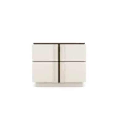 A modern, two-drawer nightstand with a glossy white finish. The front of the drawers features vertical ribbed detailing in a darker accent color, bisected by a central vertical line. The top surface is dark and appears to be a contrasting material. The unit is supported by a solid base. — 3D model