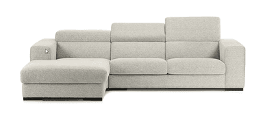 A modern sectional sofa with a chaise lounge. The sofa features a light grey, textured fabric upholstery and adjustable headrests. The design is modular, with distinct sections creating a contemporary aesthetic. It has a low profile with a dark base. — 3D model