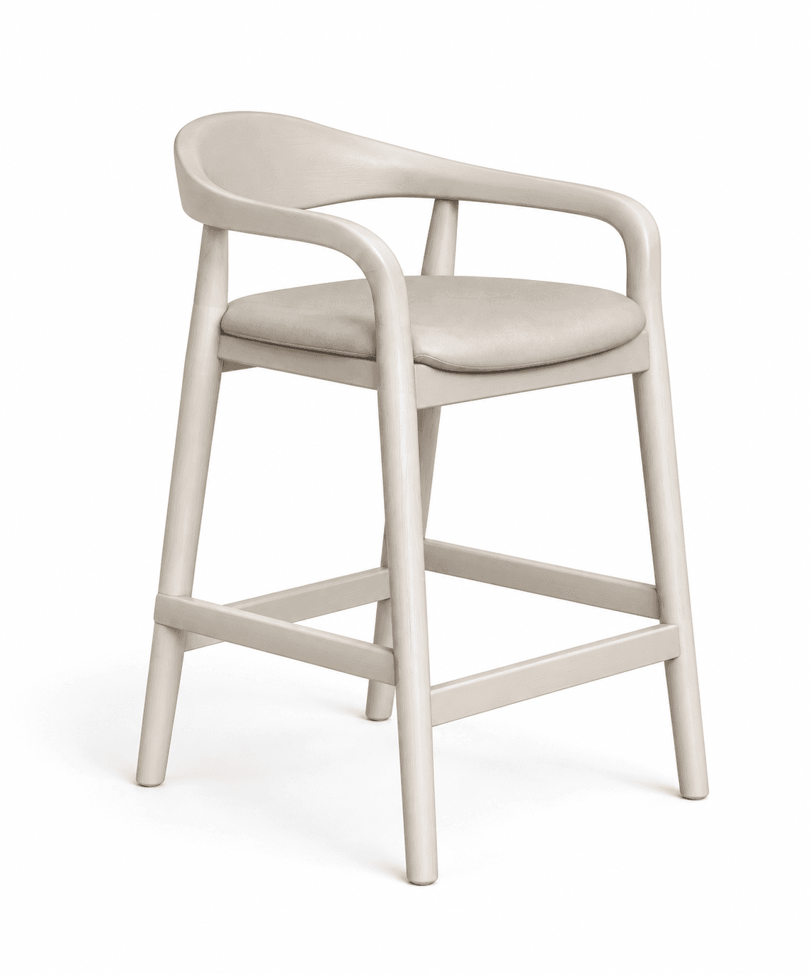 A light beige, modern wooden bar stool with an upholstered seat and integrated, curved armrests and backrest, featuring footrest stretchers. — 3D model