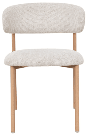 A modern dining chair featuring a light-toned wooden frame and off-white, textured fabric upholstery. It has a curved, padded backrest supported by a horizontal wooden bar that connects to the rear legs, and a fully upholstered seat. The four slender legs are slightly tapered and splayed. — 3D model