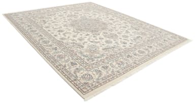 A square-shaped rug with a detailed floral and central medallion pattern. The rug has a fringe along all four edges. The design features intricate scrolling vines, floral motifs, and a complex central mandala-like element. The color palette is predominantly cream or off-white with accents of muted blues, greys, and browns. — 3D model