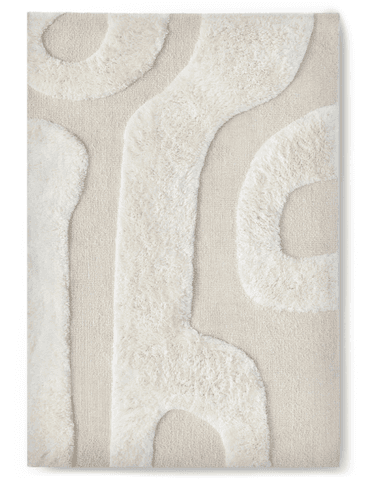 A rectangular area rug featuring a two-tone cream and beige color palette with an abstract, organic pattern created by varying pile heights and textures. — 3D model