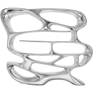 A contemporary, organically shaped bookshelf with multiple open compartments of varying sizes and irregular forms. The design features flowing, curved lines, creating a sculptural and fluid aesthetic. It appears to be a freestanding unit with a base that provides stability. — 3D model