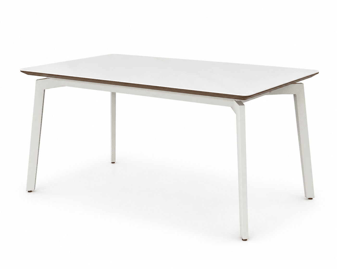 A rectangular modern dining table featuring a white tabletop with a contrasting brown edge, supported by four sleek, angled white metal legs. — 3D model
