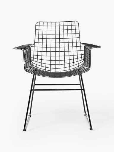 A modern black wireframe armchair featuring an open grid design for its seat, backrest, and integrated armrests. The chair is supported by a minimalist sled base made of tubular metal. — 3D model
