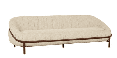 A modern outdoor sofa with a distinctive curved silhouette, upholstered in light-colored, channel-tufted fabric, featuring a dark contrasting linear frame and throw pillows. — 3D model