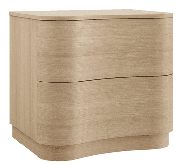 A two-drawer nightstand with a curved, modern design. The unit features rounded edges and a continuous wood grain pattern across the drawer fronts and body. The drawers appear to be handle-less, likely opening via a push-to-open mechanism. The base has a subtle curved plinth. — 3D model