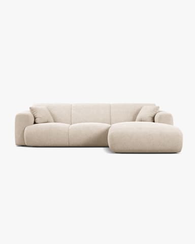 An L-shaped sectional sofa featuring a chaise lounge, upholstered in a light-colored, highly textured fabric, likely bouclé. The design is contemporary with a low profile, wide armrests, and plush, segmented seat and back cushions. The overall dimensions are indicated as 255 cm in width, 170 cm in depth for the chaise section, and 72 cm in total height. — 3D model