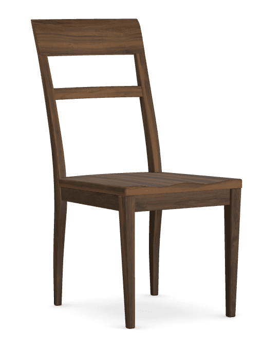 A wooden dining chair with a slatted back and a contoured seat. The chair features four tapered legs and a minimalist design. — 3D model
