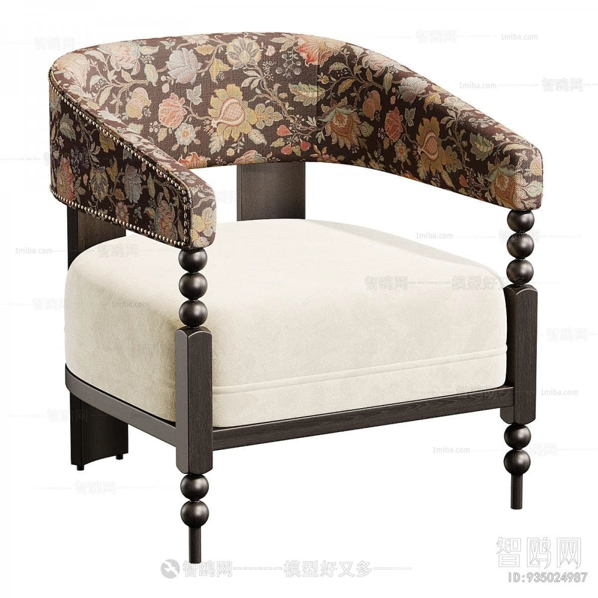 An armchair featuring a barrel-shaped back and integrated armrests upholstered in a dark, multi-colored floral fabric with brass nailhead trim. The seat cushion is upholstered in a plain, light cream fabric. The chair's frame is made of dark-stained wood, with distinctive bobbin-turned front legs and straight square rear legs. — 3D model
