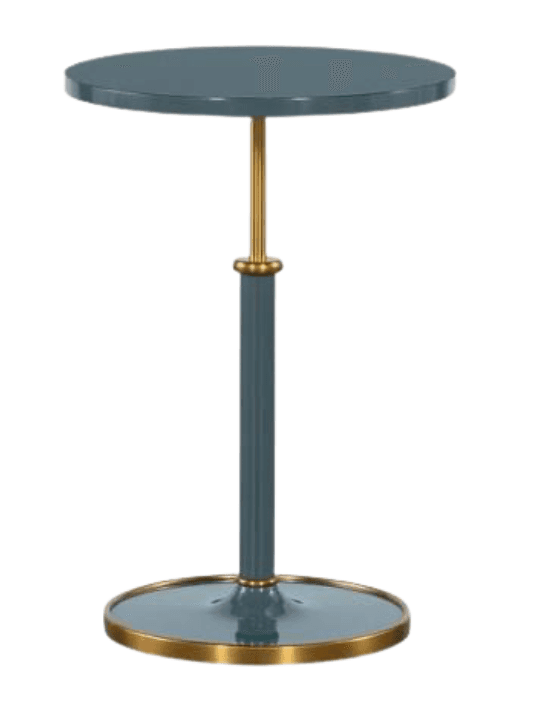 A modern adjustable height side table with a round, lacquered teal tabletop and a pedestal base. The central column features a fluted brass-plated section for height adjustment, transitioning into a smooth teal lacquered shaft, and resting on a round teal base with a polished brass rim. — 3D model