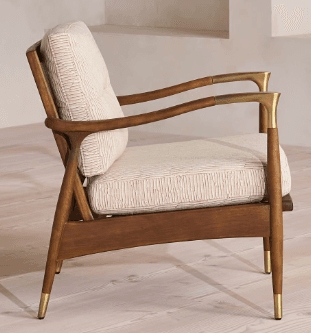 A mid-century modern inspired lounge chair featuring a sturdy exposed dark wood frame, comfortable light-colored upholstered cushions, and elegant brass accents on the armrests and tapered legs. — 3D model
