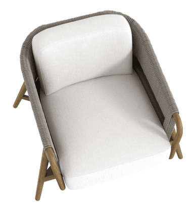 A contemporary lounge chair featuring an open wooden frame, woven rope back and sides, and thick white fabric cushions. — 3D model