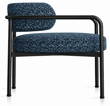 An armless modern dining chair featuring a minimalist black metal frame and two distinct, rounded cylindrical cushions for the seat and backrest. The cushions are upholstered in a textured, multi-tonal blue fabric, resembling a boucle or weave. The frame includes four slender legs with integrated foot glides and supports the seat and backrest structure. — 3D model