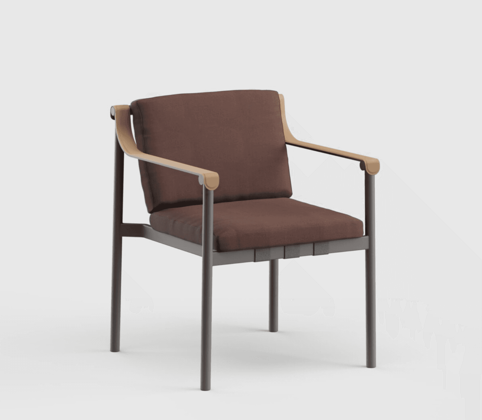 A contemporary armchair featuring a dark gray metal frame, light wood-toned armrests, and plush brown fabric cushions. The design is minimalist, with cylindrical metal legs and a backrest that curves slightly at the top. The seat cushion appears to rest on a webbing support system. — 3D model