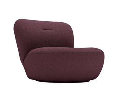 A plush, upholstered armchair shown in profile against a black background. The chair features a curved, organic silhouette with a rounded seat and a slightly angled backrest. The upholstery appears to be a textured fabric. — 3D model