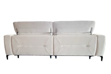 A modern, light-colored sofa with two attached seat cushions and a sleek, low-profile design. The sofa features a button-tufted pattern on the seat base, creating a geometric segmented appearance. It is elevated by thin, dark-colored legs, giving it a floating effect. The backrest is a continuous, softly padded surface. — 3D model