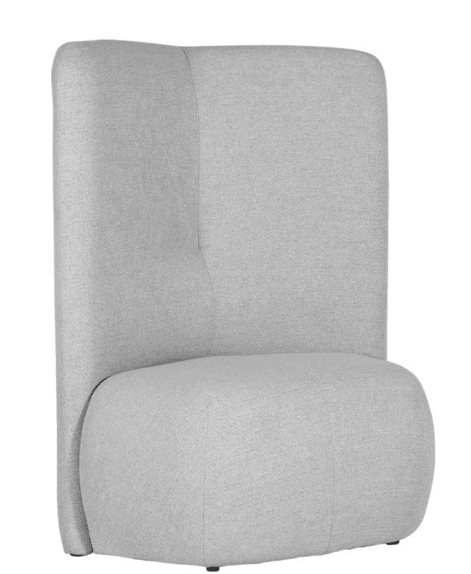 A modern, upholstered armchair with a distinctively curved silhouette. The chair features a high back that curves inwards at the top, creating a semi-enclosed feel. The seat is rounded and generous, with vertical seams suggesting cushioning. The overall design is minimalist and contemporary, with no visible arms. The back support extends down to the base of the seat, forming a continuous, organic shape. — 3D model