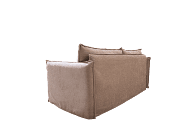 A contemporary beige sofa with a plush, textured fabric upholstery. The sofa features a relaxed design with two square back cushions and a loosely draped skirt that reaches the floor. It has wide, rolled armrests and appears to be designed for comfort. The overall aesthetic is minimalist and inviting. — 3D model