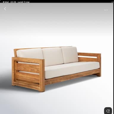 A three-seater sofa with a wooden frame and light-colored cushions. The frame appears to be constructed from solid wood planks with a visible grain pattern. The backrest and seat are upholstered with cushions. Dimensions are indicated as 29.3" in height, 37.0" in depth, and 83.5" in width. — 3D model