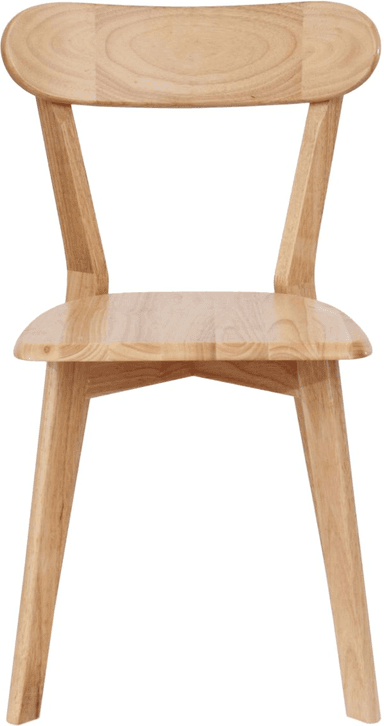 An armless chair crafted from light-toned natural wood, featuring a gently curved, ergonomic seat and a separate, curved backrest supported by two angled uprights. The four tapered legs splay slightly outwards, contributing to its stable and minimalist design suitable for dining or accent use. — 3D model