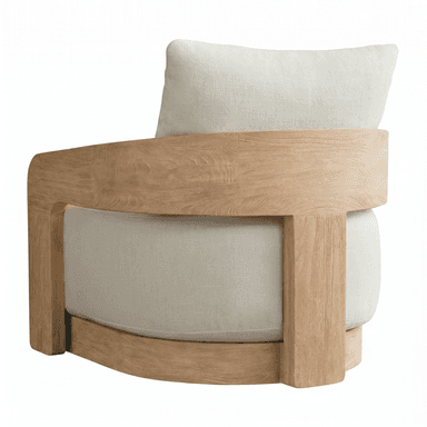 An upholstered armchair featuring a prominent light-toned wooden frame that encapsulates the seat and backrest. The frame has rounded edges and a smooth finish, suggesting a modern or organic design. The cushions are upholstered in a light, textured off-white or cream fabric, consisting of a single seat cushion and a loose back cushion. The overall aesthetic is clean and minimalist, highlighting natural materials. — 3D model