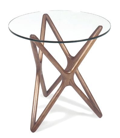 A modern side table featuring a round, clear glass tabletop supported by a distinctive sculptural wooden base with an intertwined, organic form. — 3D model