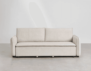 A contemporary three-seater sofa with a neutral-toned upholstered finish. The sofa features two back cushions and a seat cushion, with subtle piping along the edges of the cushions and armrests. The armrests are moderately wide and slightly curved inwards. The base of the sofa is low-profile with visible dark-colored legs. — 3D model
