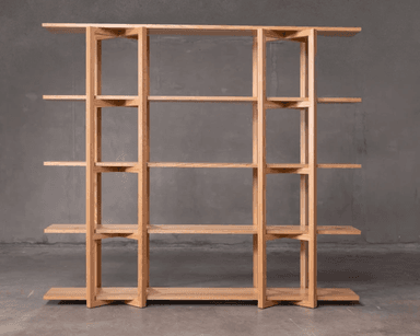 A modern, minimalist bookshelf with five shelves supported by a light wood frame. The shelves are horizontal planes, and the supporting structure consists of vertical elements connected by angled pieces, creating an open, airy design. — 3D model