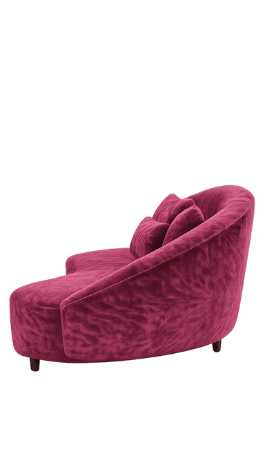 A contemporary, asymmetrical sofa with a curved silhouette. It features a plush, textured upholstery and includes three throw pillows. The sofa is elevated by four small, dark wooden legs. — 3D model