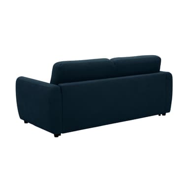 A close-up view of the armrest and cushions of a contemporary dark blue upholstered sofa. The sofa features clean lines, fixed rectangular armrests with a slight outward curve, and plump, separate seat and back cushions, all covered in a finely textured woven fabric. Small, dark, recessed feet are visible at the base. — 3D model