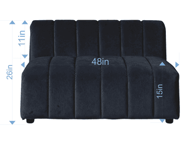 A dark navy blue velvet, armless seating unit featuring vertical channel tufting on both the backrest and seat, designed as a modular component for a sofa or sectional. It measures 48 inches wide, 36 inches deep, and 25 inches high. — 3D model