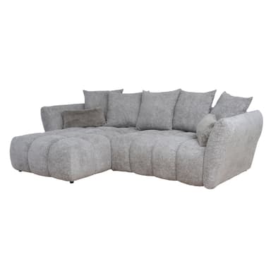 An L-shaped modern sectional sofa upholstered in a light grey, textured fabric. It features a chaise lounge on the right side from the viewer's perspective, generous seating cushions with subtle tufting or seaming, and several loose back cushions. The overall design emphasizes comfort with soft, rounded edges and a contemporary aesthetic. — 3D model