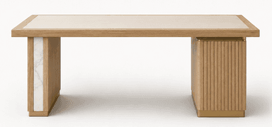 A modern square side table with a light wood finish body, a contrasting lighter top insert, and a metallic, likely brass-finished, base trim. The table measures 30x30x30 inches. — 3D model