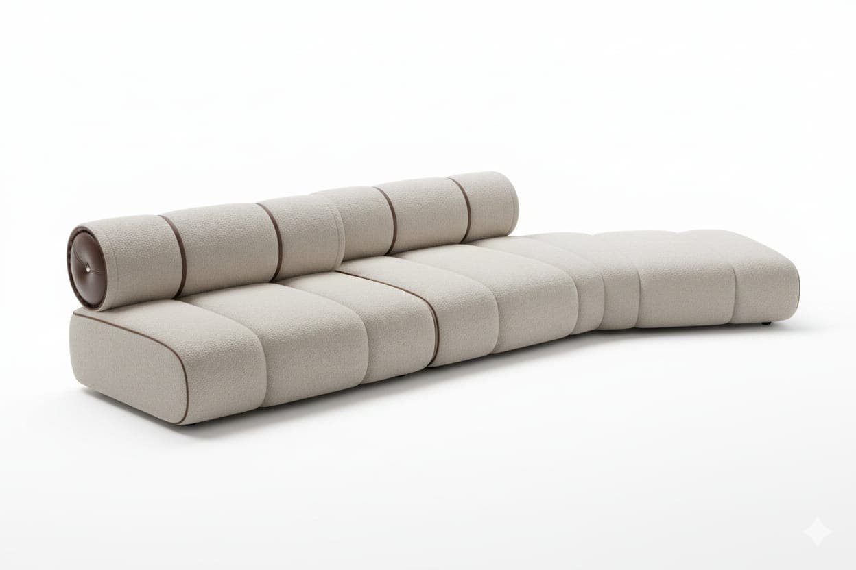 A modern, low-profile sofa with a unique segmented design. The sofa features a series of horizontal cushions creating a continuous seating surface and backrest. A cylindrical bolster pillow runs along the length of the backrest, accentuating its modular appearance. The edges and seams are detailed with a contrasting dark trim. The base is also upholstered and has a clean, linear form. — 3D model