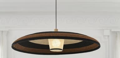 A close-up image of two pendant lights, each featuring a bell-shaped natural wood canopy from which a woven natural fiber shade hangs. The shades are multi-toned with alternating bands of light beige/natural and black woven material, creating a striped pattern. The wooden canopies exhibit a visible grain, and the black electrical cord is visible emerging from the top of the canopy. — 3D model