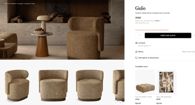 A compact, barrel-shaped armchair with a rounded backrest and integrated armrests. The upholstery features a textured woven fabric. It is supported by a dark, low-profile base. — 3D model