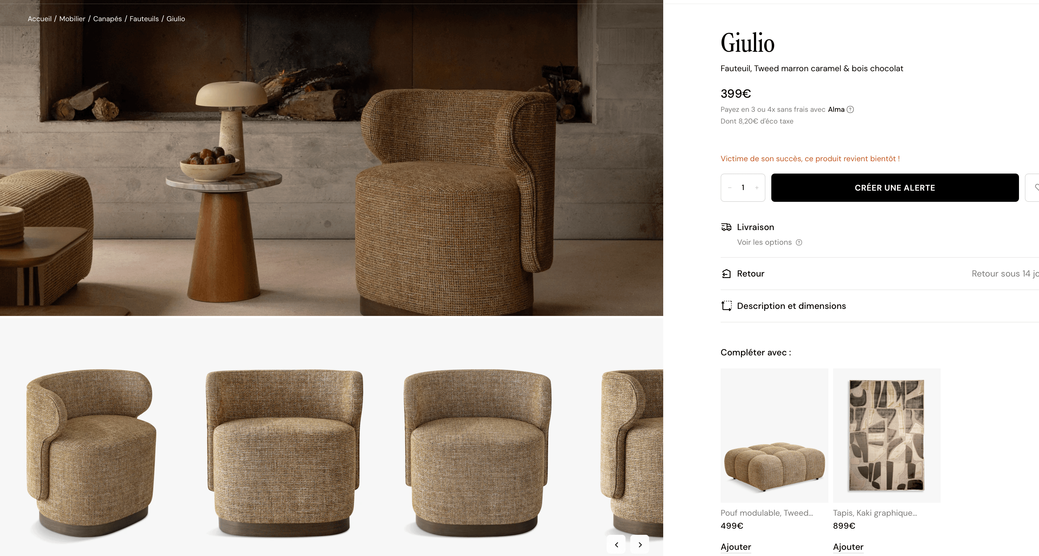 A compact, barrel-shaped armchair with a rounded backrest and integrated armrests. The upholstery features a textured woven fabric. It is supported by a dark, low-profile base. — 3D model
