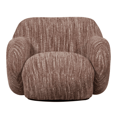 A top-down view of a single-seat armchair. The armchair features a textured upholstery with a vertical stripe pattern in shades of brown and off-white. The arms and seat are integrated into a single, rounded form, suggesting a modern or transitional style. The base is not fully visible but appears to be a dark, possibly black, swivel base. — 3D model