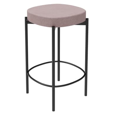 A modern bar stool with a rounded, upholstered seat and a minimalist metal frame. The seat is oval-shaped and covered in a textured, light pinkish-beige fabric. The frame consists of four slender, black metal legs connected by a circular footrest. A small, circular emblem with text is visible on one of the triangular supports under the seat. — 3D model