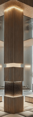 A modern floor lamp with a tall, rectangular prism design. The lamp features vertical slatted wooden panels with integrated LED lighting. It has distinct sections, including a solid wood top and base, with a central section that incorporates a mesh or perforated material, illuminated from within. The overall aesthetic is minimalist and contemporary. — 3D model