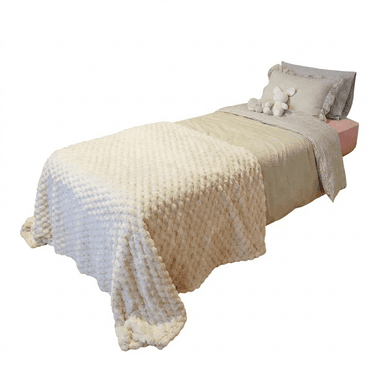 A fully made twin-sized bed featuring layered bedding in neutral tones. The bed includes pillows with ruffled edges, striped sheets, a plain beige duvet or comforter, and is topped with a thick, textured cream-colored blanket with a bobble or pom-pom surface. A small stuffed animal rests on the pillows. The bed frame is minimally visible, appearing to be a simple, low-profile design with a hint of a light pink base. — 3D model