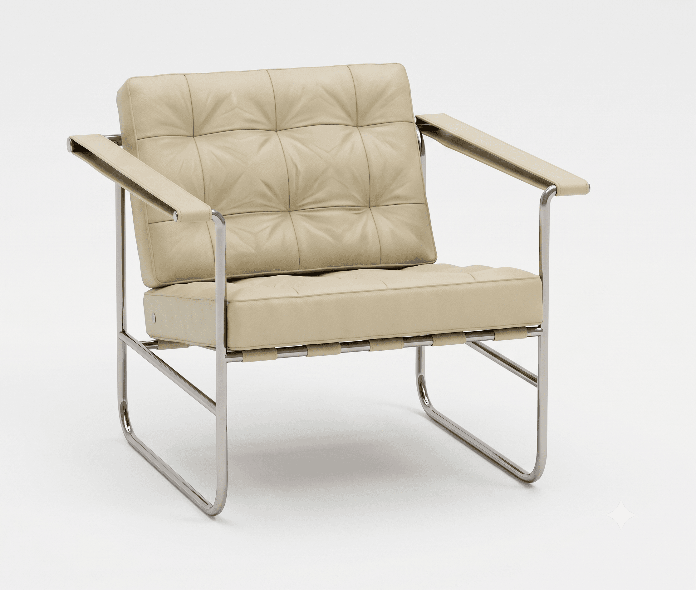 A modern lounge chair featuring a chrome-plated tubular steel frame and light beige, square-tufted leather upholstery for the seat, backrest, and armrests. — 3D model